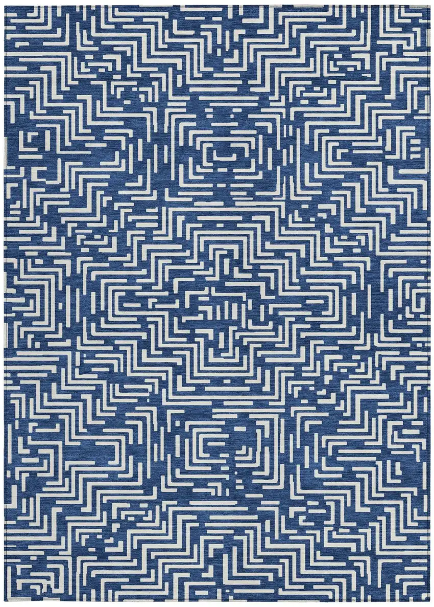 Navy Blue And Beige Geometric Washable Indoor Outdoor Area Rug Photo 4