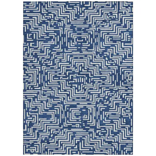 Navy Blue And Beige Geometric Washable Indoor Outdoor Area Rug Photo 4