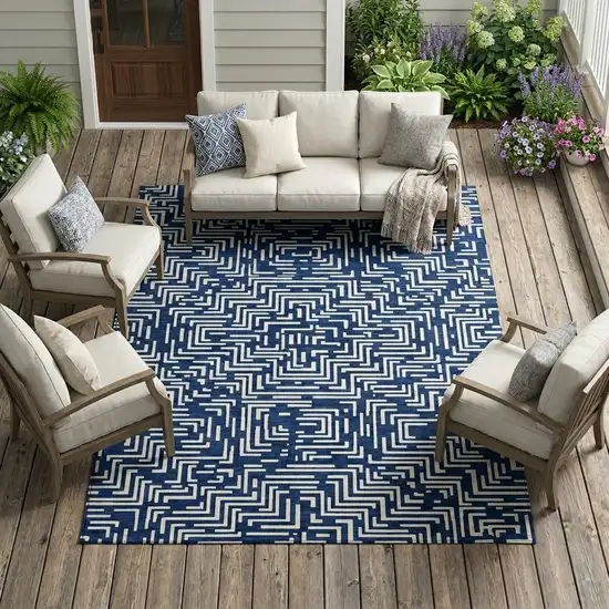 Navy Blue And Beige Geometric Washable Indoor Outdoor Area Rug Photo 1