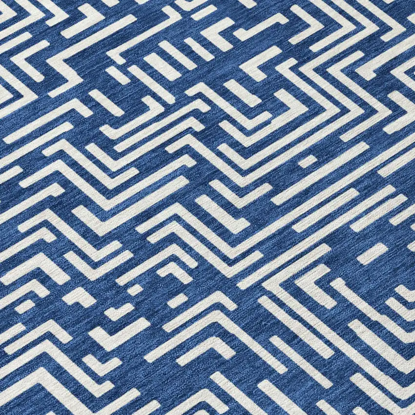 Navy Blue And Beige Geometric Washable Indoor Outdoor Area Rug Photo 8