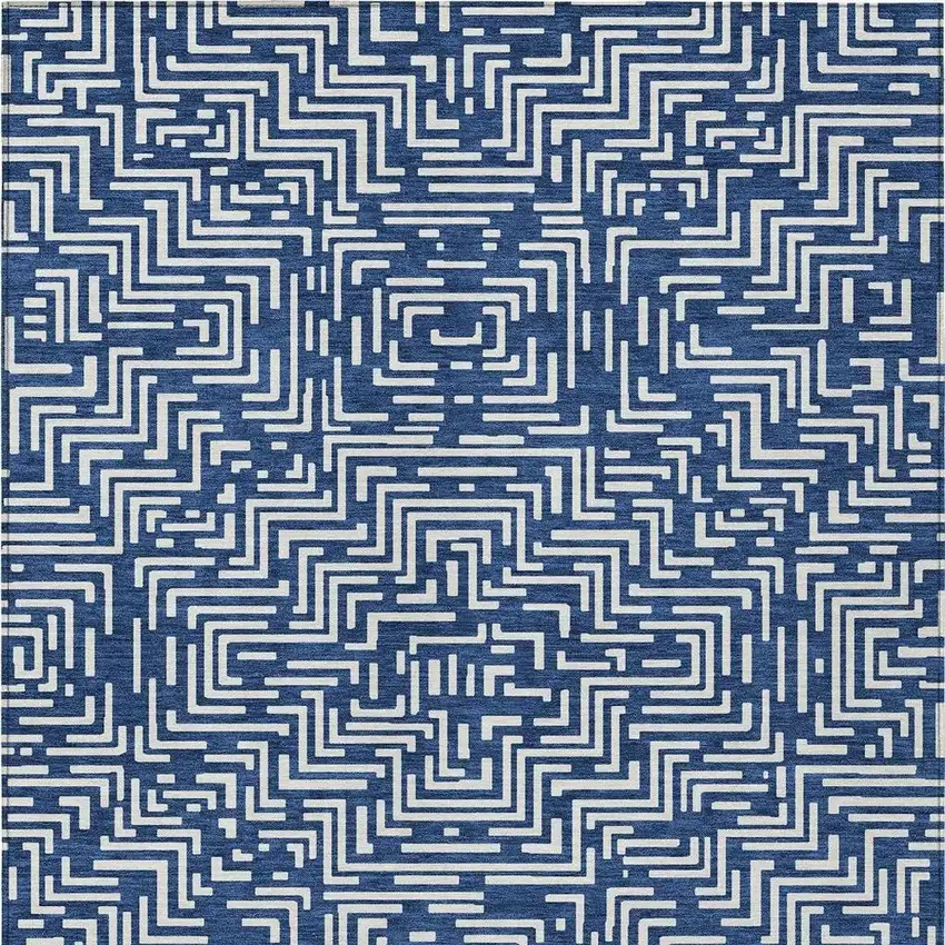Navy Blue And Beige Geometric Washable Indoor Outdoor Area Rug Photo 4