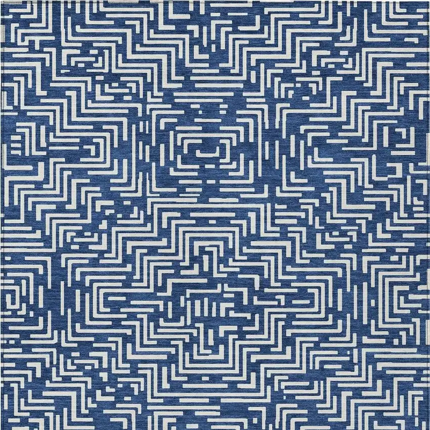 Navy Blue And Beige Geometric Washable Indoor Outdoor Area Rug Photo 6