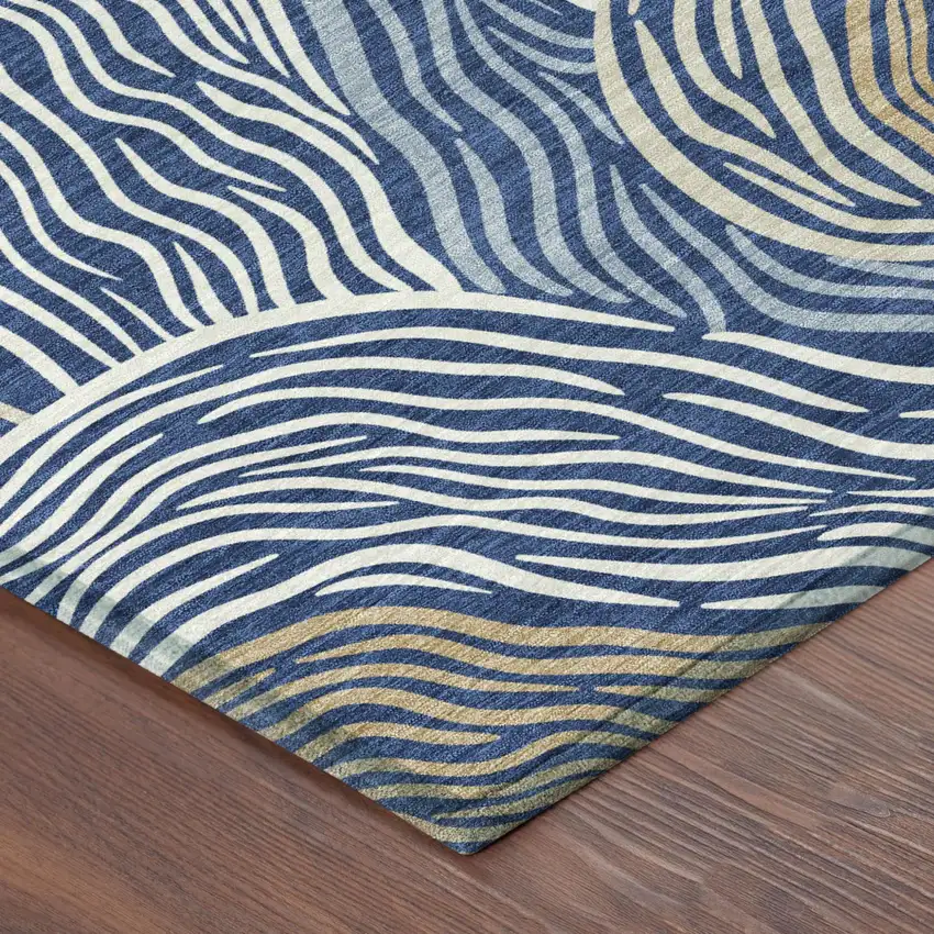 Navy Blue And Beige Ikat Washable Indoor Outdoor Area Rug Photo 3