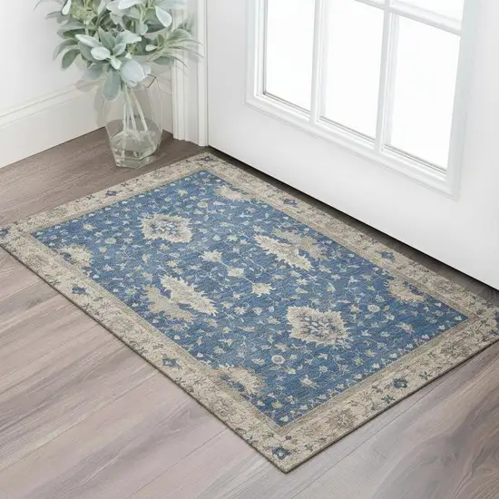 Navy Blue And Beige Oriental Washable Area Rug With UV Protection Photo 2
