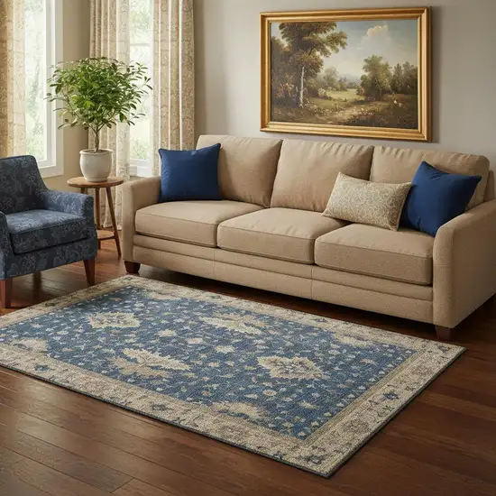 Navy Blue And Beige Oriental Washable Area Rug With UV Protection Photo 2