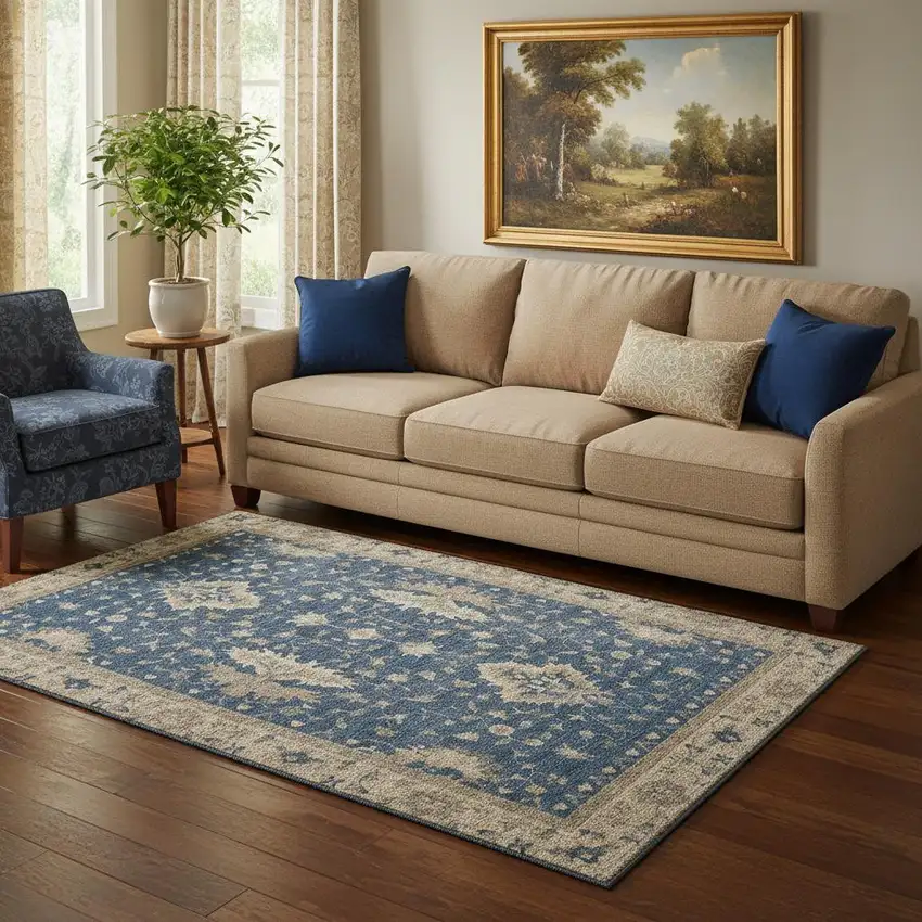 Navy Blue And Beige Oriental Washable Area Rug With UV Protection Photo 2