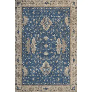 Photo of Navy Blue And Beige Oriental Washable Area Rug With UV Protection