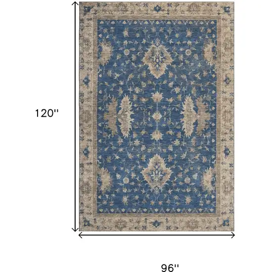 Navy Blue And Beige Oriental Washable Area Rug With UV Protection Photo 9