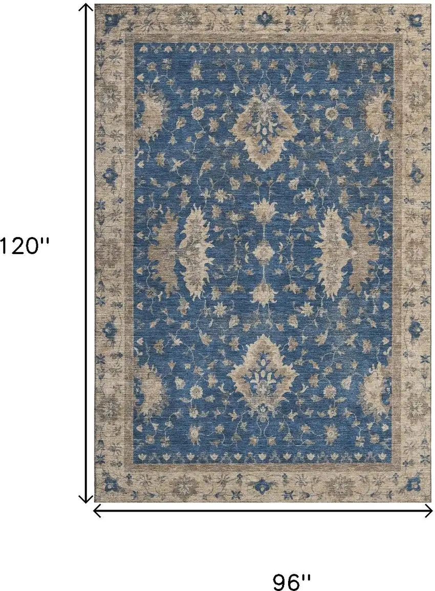 Navy Blue And Beige Oriental Washable Area Rug With UV Protection Photo 9