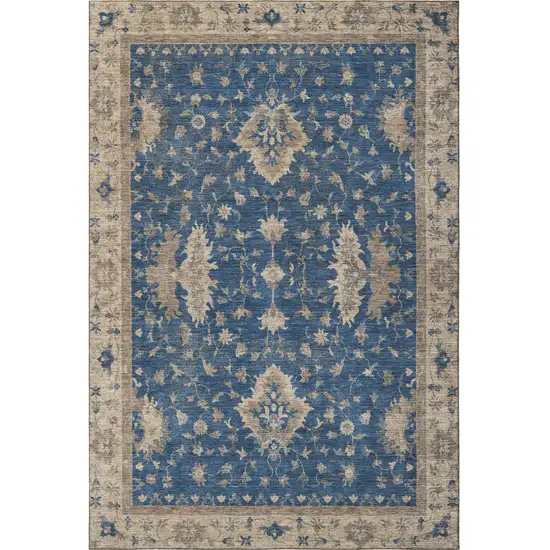 Navy Blue And Beige Oriental Washable Area Rug With UV Protection Photo 2