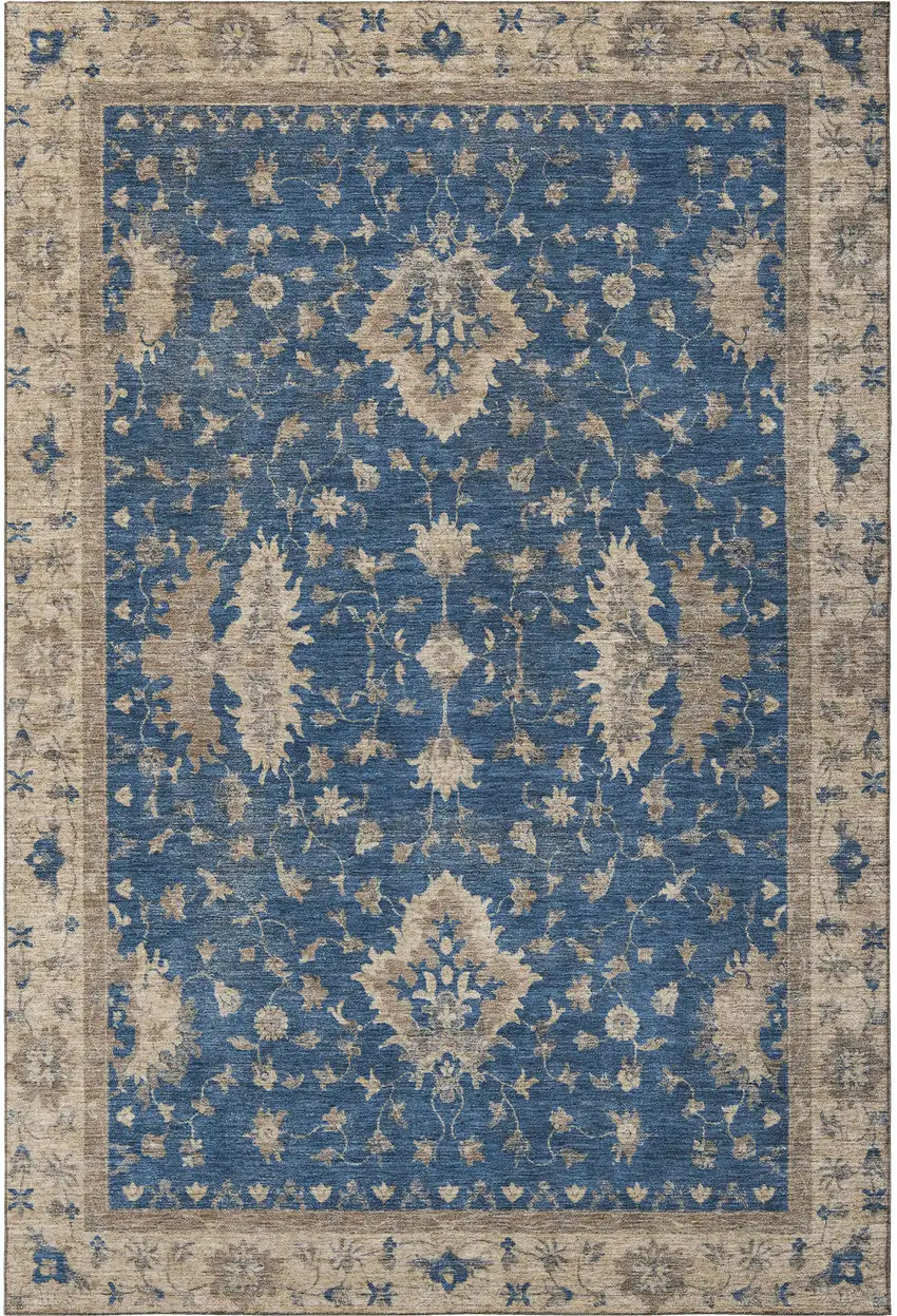 Navy Blue And Beige Oriental Washable Area Rug With UV Protection Photo 2