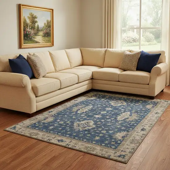 Navy Blue And Beige Oriental Washable Area Rug With UV Protection Photo 2