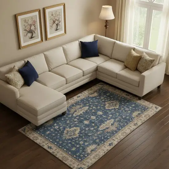 Navy Blue And Beige Oriental Washable Area Rug With UV Protection Photo 2