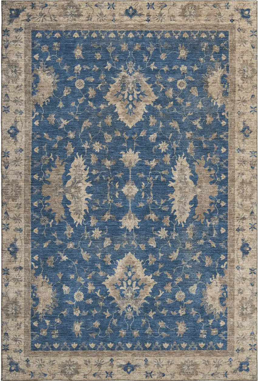 Navy Blue And Beige Oriental Washable Area Rug With UV Protection Photo 1
