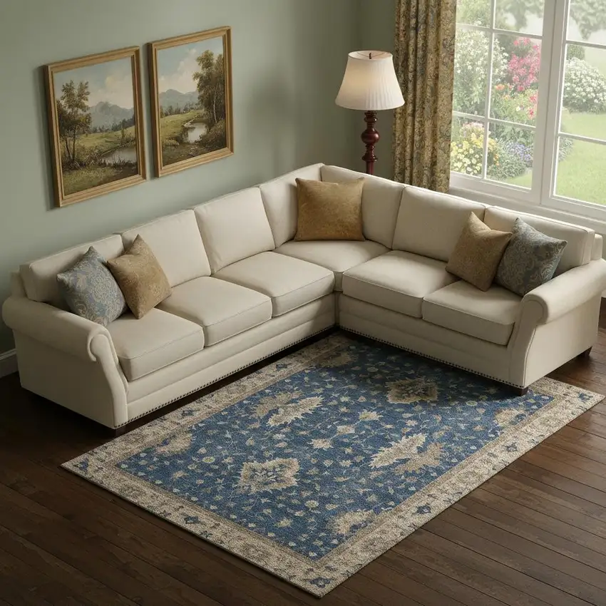 Navy Blue And Beige Oriental Washable Area Rug With UV Protection Photo 2