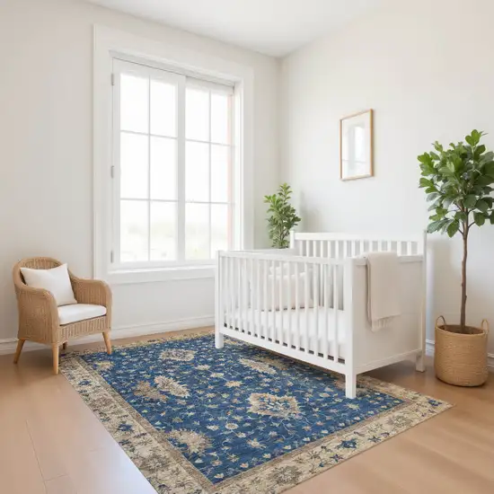 Navy Blue And Beige Oriental Washable Area Rug With UV Protection Photo 5