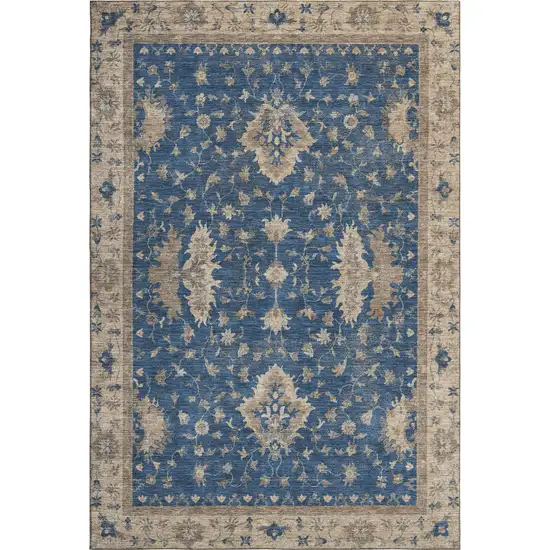 Navy Blue And Beige Oriental Washable Area Rug With UV Protection Photo 1