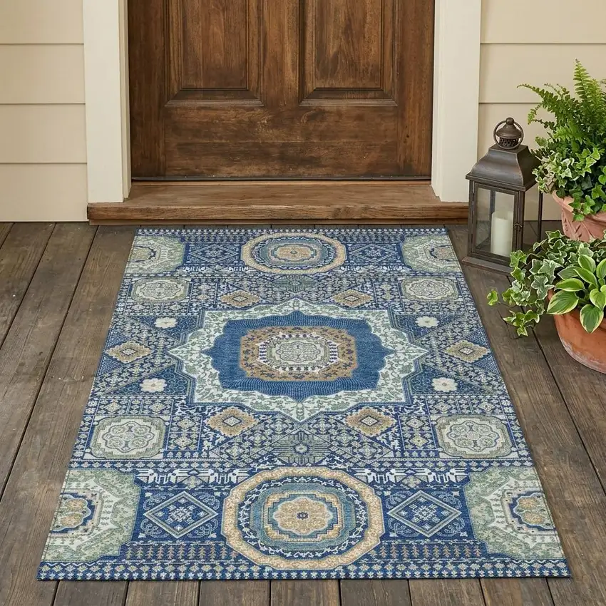 Navy Blue And Beige Oriental Washable Indoor Outdoor Area Rug Photo 1