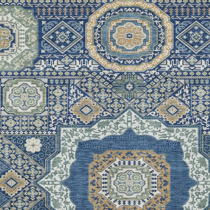 Navy Blue And Beige Oriental Washable Indoor Outdoor Area Rug Photo 3