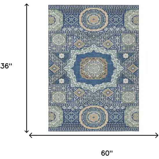 Navy Blue And Beige Oriental Washable Indoor Outdoor Area Rug Photo 7