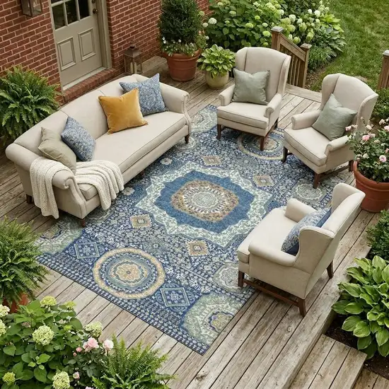 Navy Blue And Beige Oriental Washable Indoor Outdoor Area Rug Photo 1