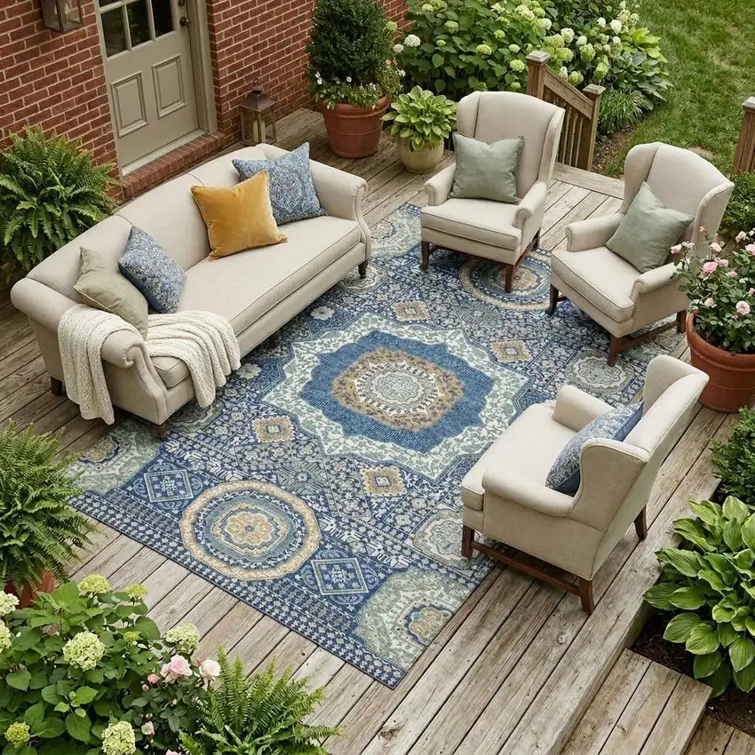 Navy Blue And Beige Oriental Washable Indoor Outdoor Area Rug Photo 1