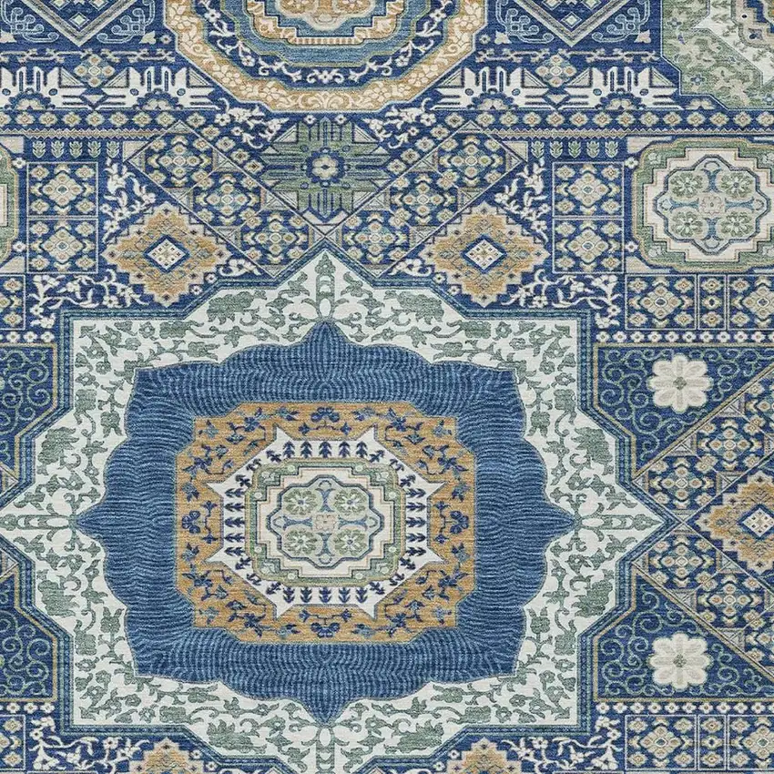 Navy Blue And Beige Oriental Washable Indoor Outdoor Area Rug Photo 3