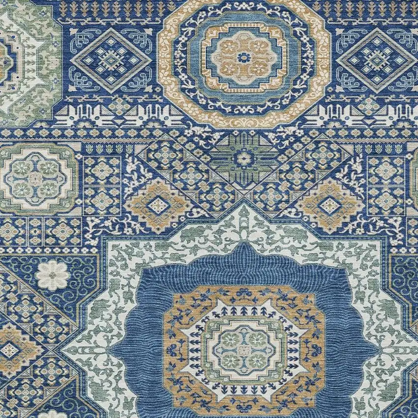 Navy Blue And Beige Oriental Washable Indoor Outdoor Area Rug Photo 3