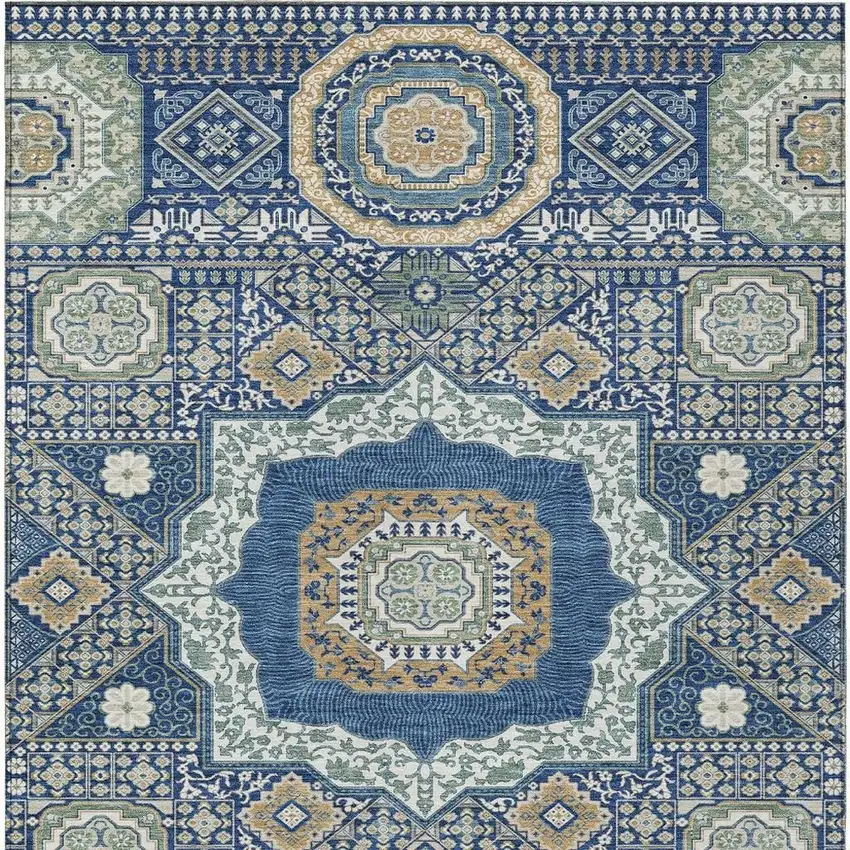 Navy Blue And Beige Oriental Washable Indoor Outdoor Area Rug Photo 4
