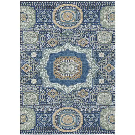 Navy Blue And Beige Oriental Washable Indoor Outdoor Area Rug Photo 2