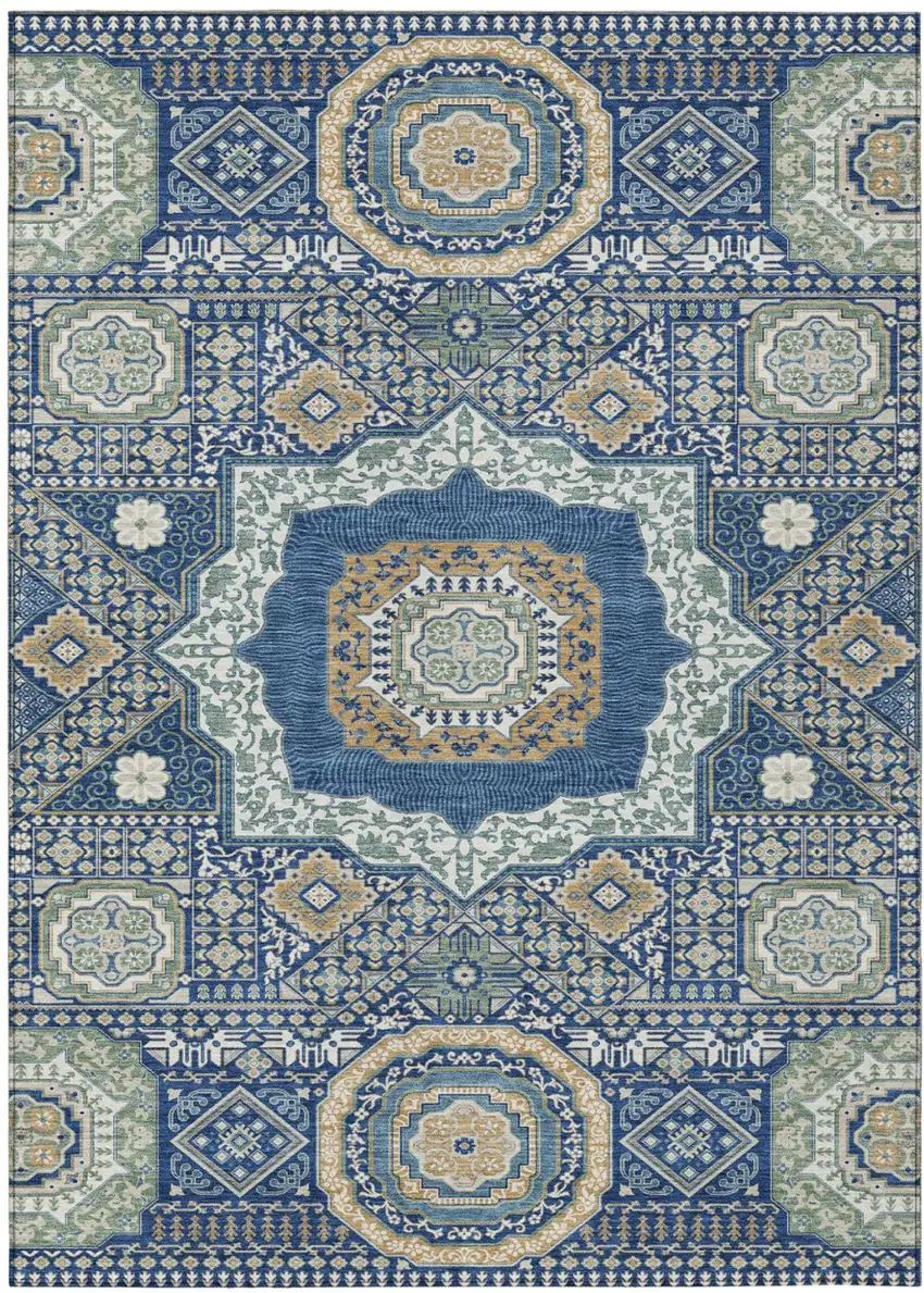 Navy Blue And Beige Oriental Washable Indoor Outdoor Area Rug Photo 2