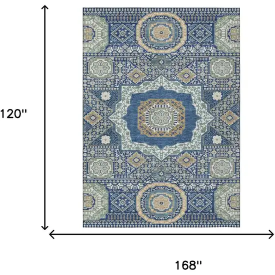 Navy Blue And Beige Oriental Washable Indoor Outdoor Area Rug Photo 7