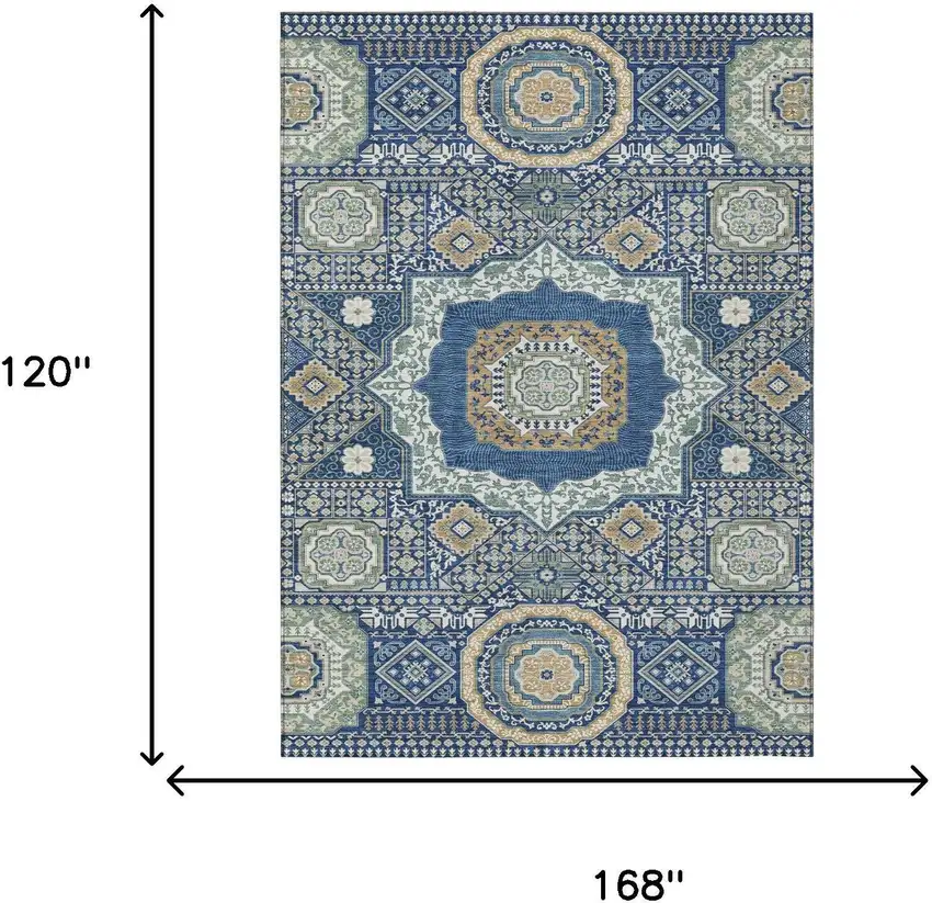 Navy Blue And Beige Oriental Washable Indoor Outdoor Area Rug Photo 7