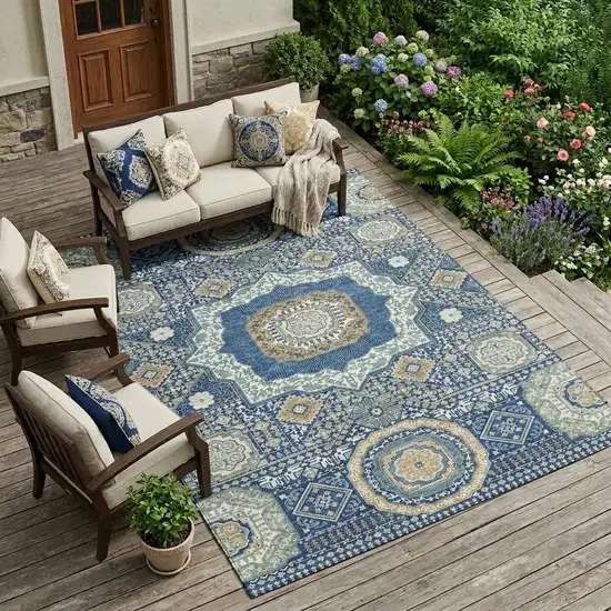Navy Blue And Beige Oriental Washable Indoor Outdoor Area Rug Photo 1