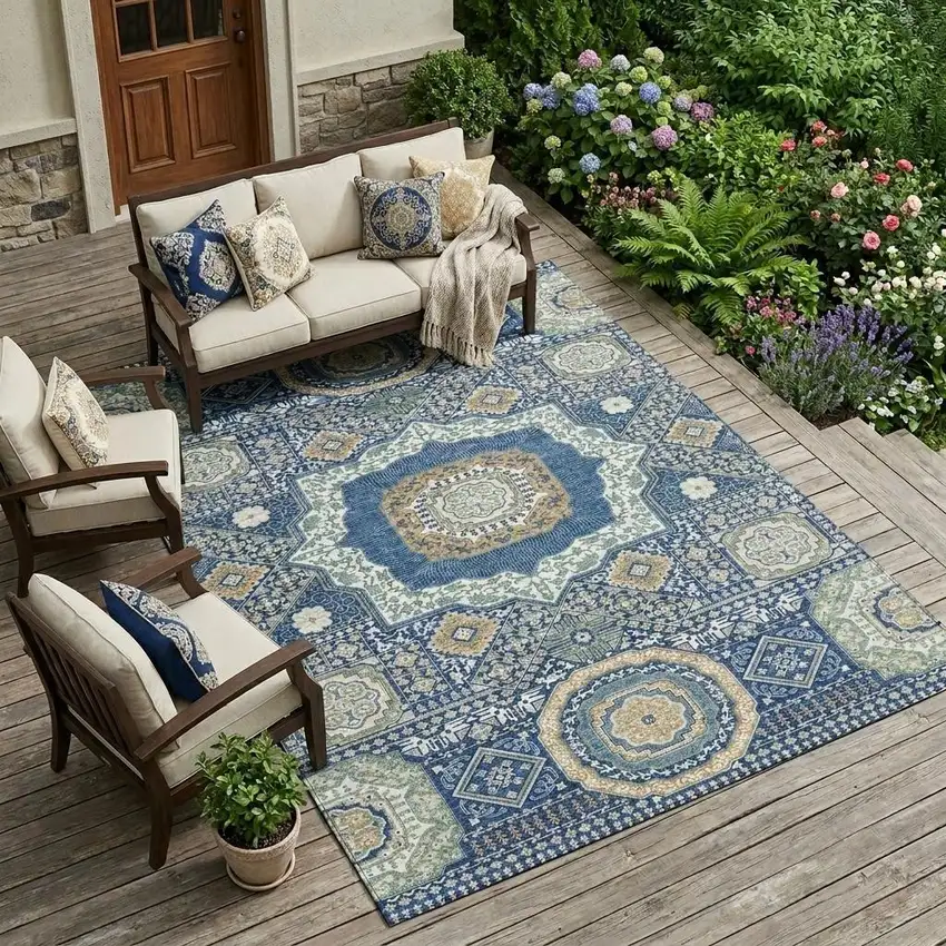 Navy Blue And Beige Oriental Washable Indoor Outdoor Area Rug Photo 1