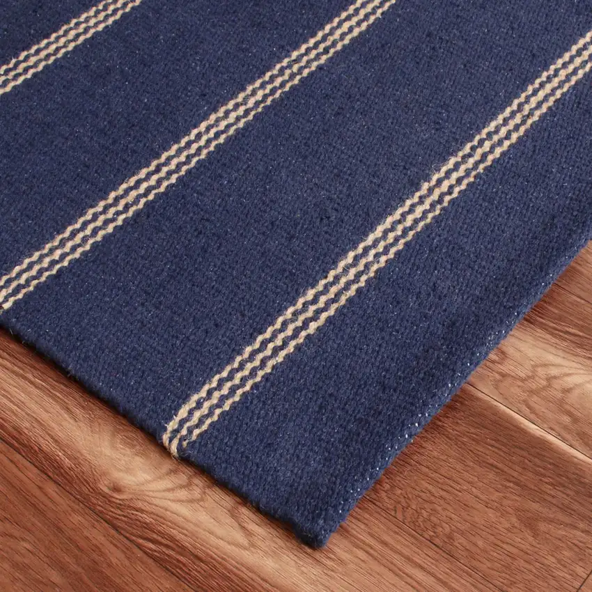 Navy Blue And Beige Striped Hand Woven Square Rug Photo 6