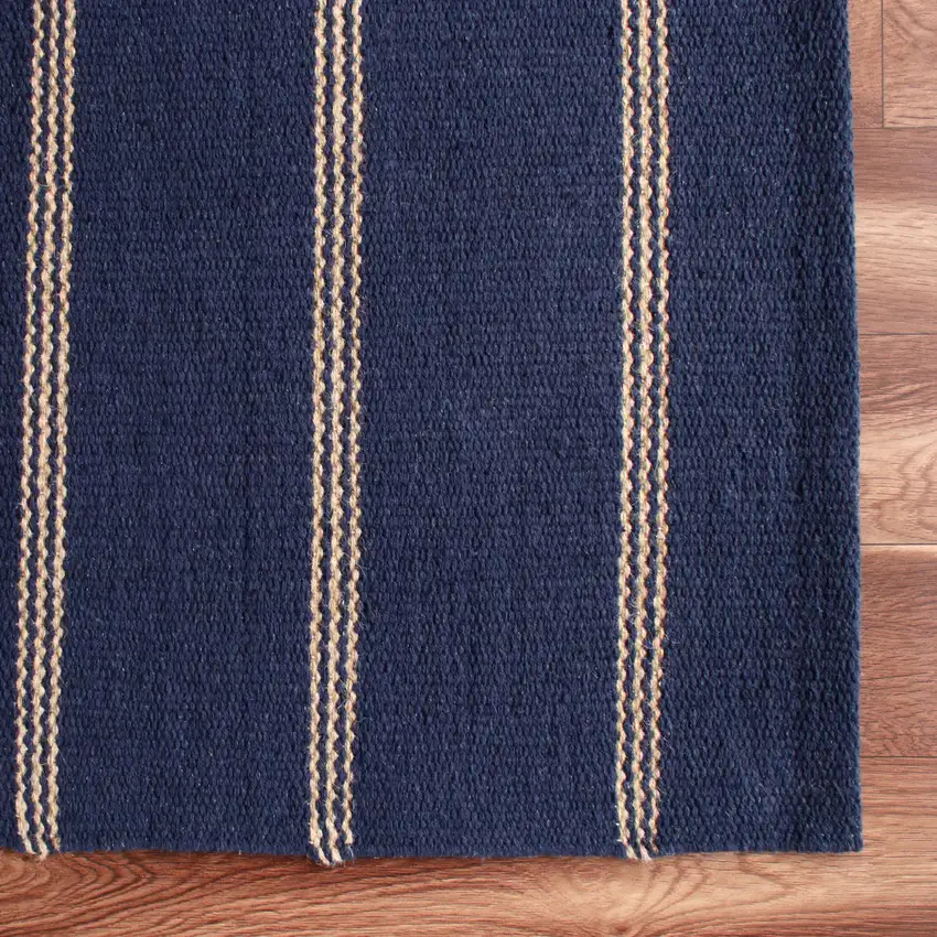 Navy Blue And Beige Striped Hand Woven Square Rug Photo 9