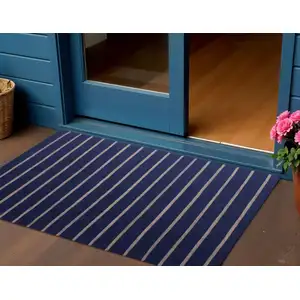 Photo of Navy Blue And Beige Striped Hand Woven Square Rug