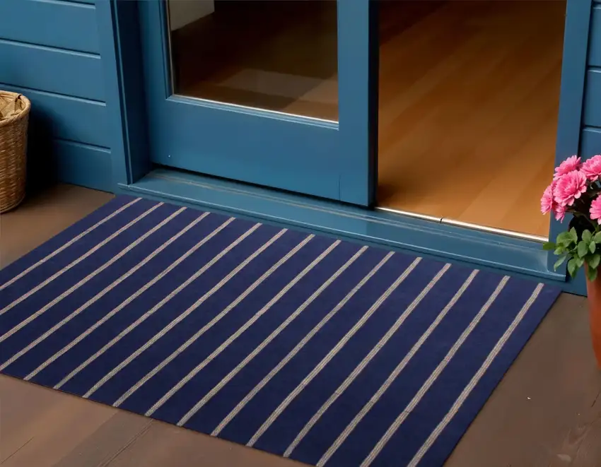 Navy Blue And Beige Striped Hand Woven Square Rug Photo 1