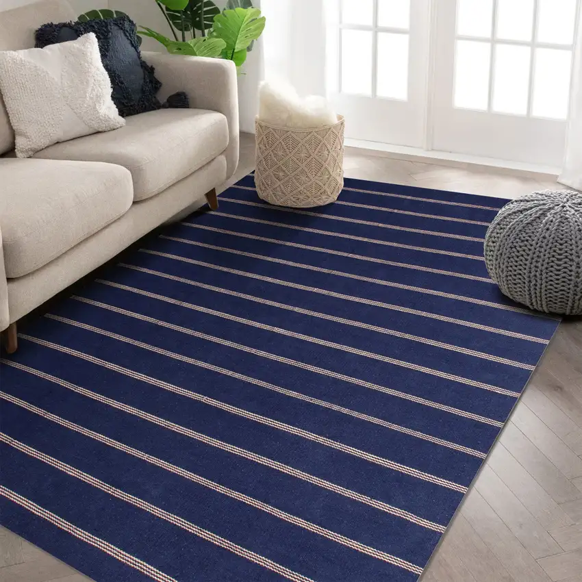 Navy Blue And Beige Striped Hand Woven Square Rug Photo 6
