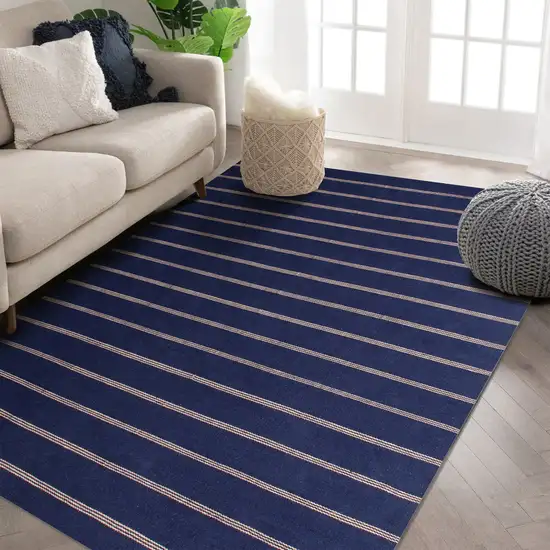 Navy Blue And Beige Striped Hand Woven Square Rug Photo 6