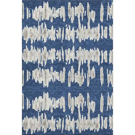 Navy Blue And Beige Striped Washable Area Rug With UV Protection Photo 1