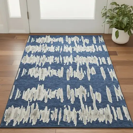 Navy Blue And Beige Striped Washable Area Rug With UV Protection Photo 2