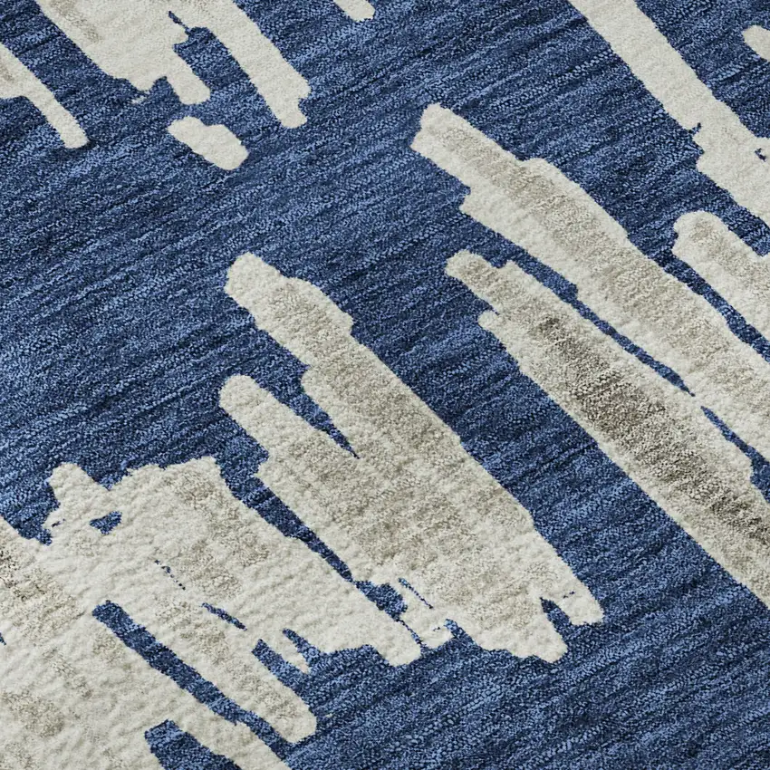 Navy Blue And Beige Striped Washable Area Rug With UV Protection Photo 9