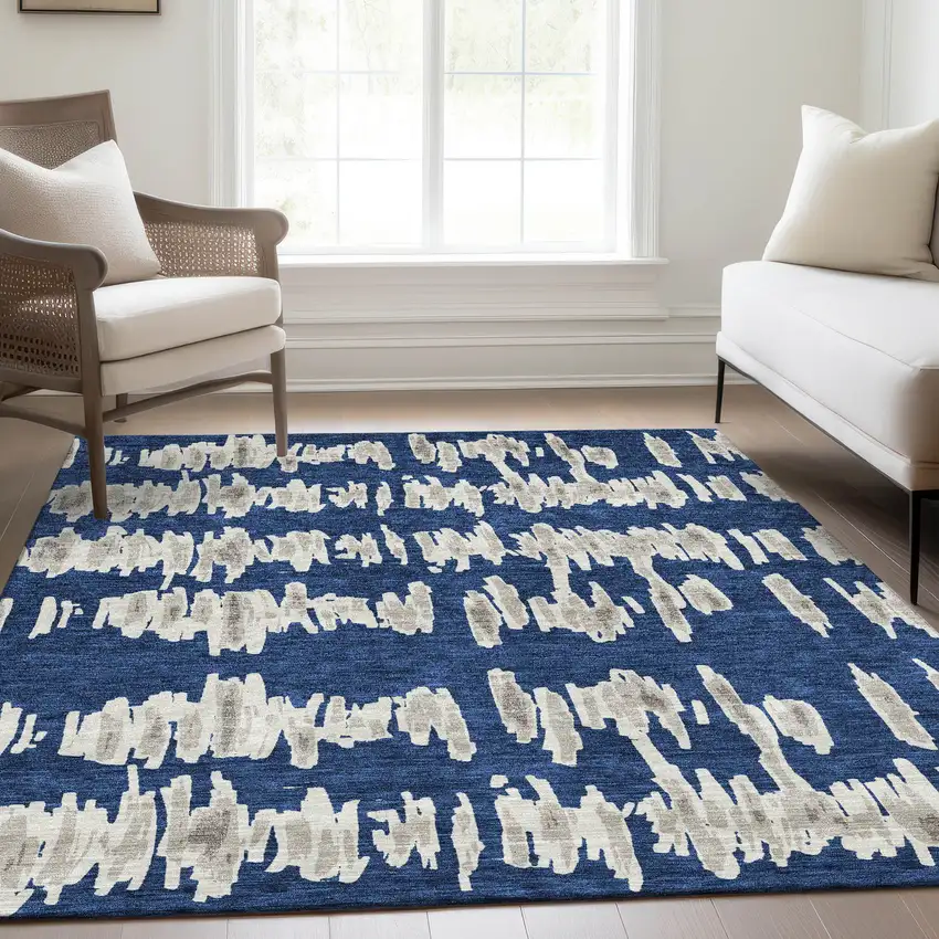 Navy Blue And Beige Striped Washable Area Rug With UV Protection Photo 5