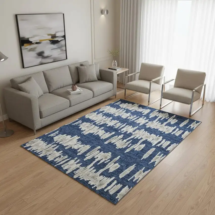 Navy Blue And Beige Striped Washable Area Rug With UV Protection Photo 2