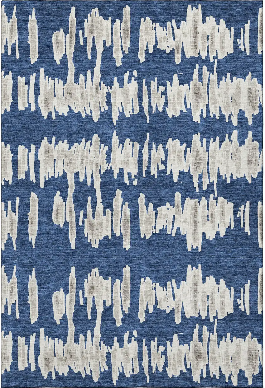 Navy Blue And Beige Striped Washable Area Rug With UV Protection Photo 3