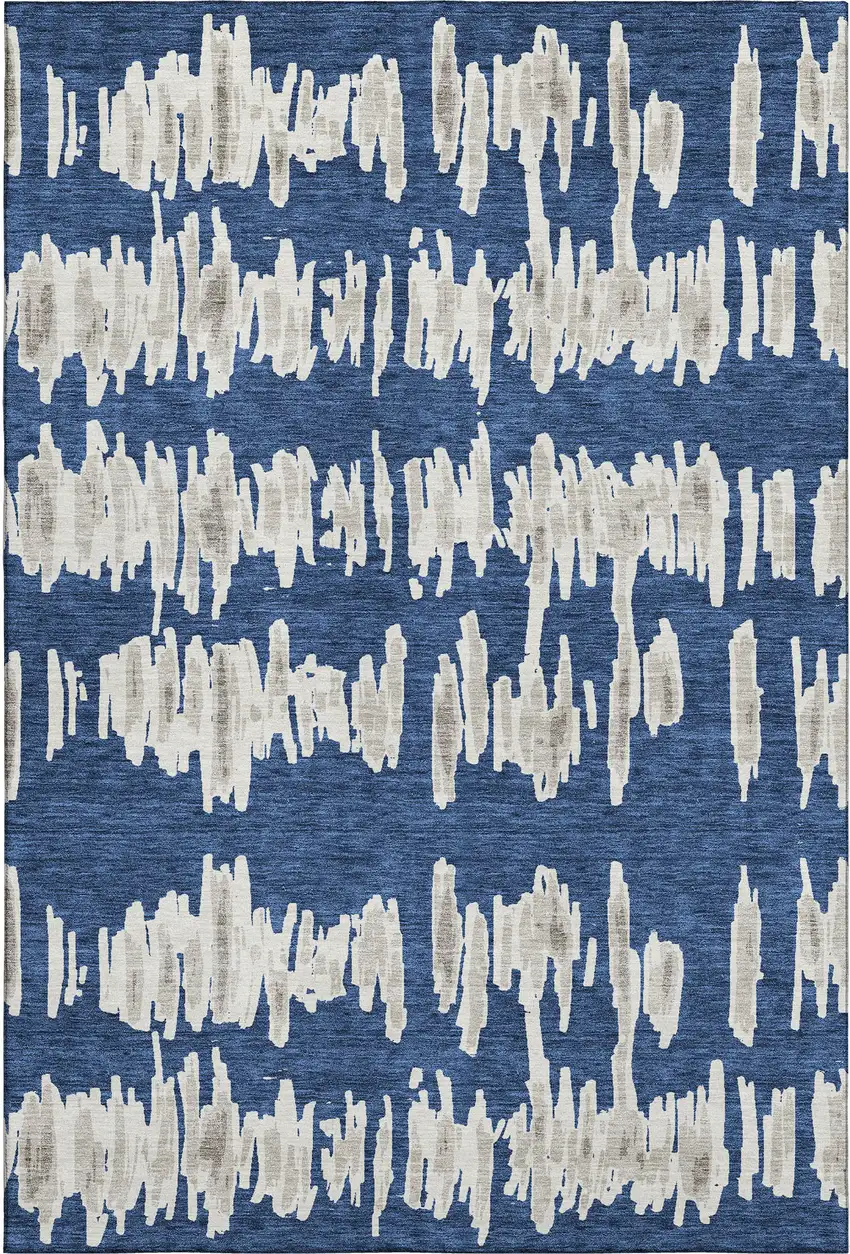 Navy Blue And Beige Striped Washable Area Rug With UV Protection Photo 1