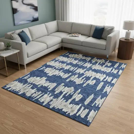 Navy Blue And Beige Striped Washable Area Rug With UV Protection Photo 2