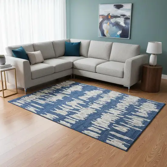 Navy Blue And Beige Striped Washable Area Rug With UV Protection Photo 2